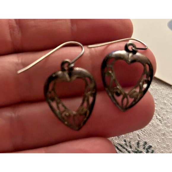 Sterling Silver 925 Cut Out Heart Vintage Dangle Earrings - Picture 7 of 9
